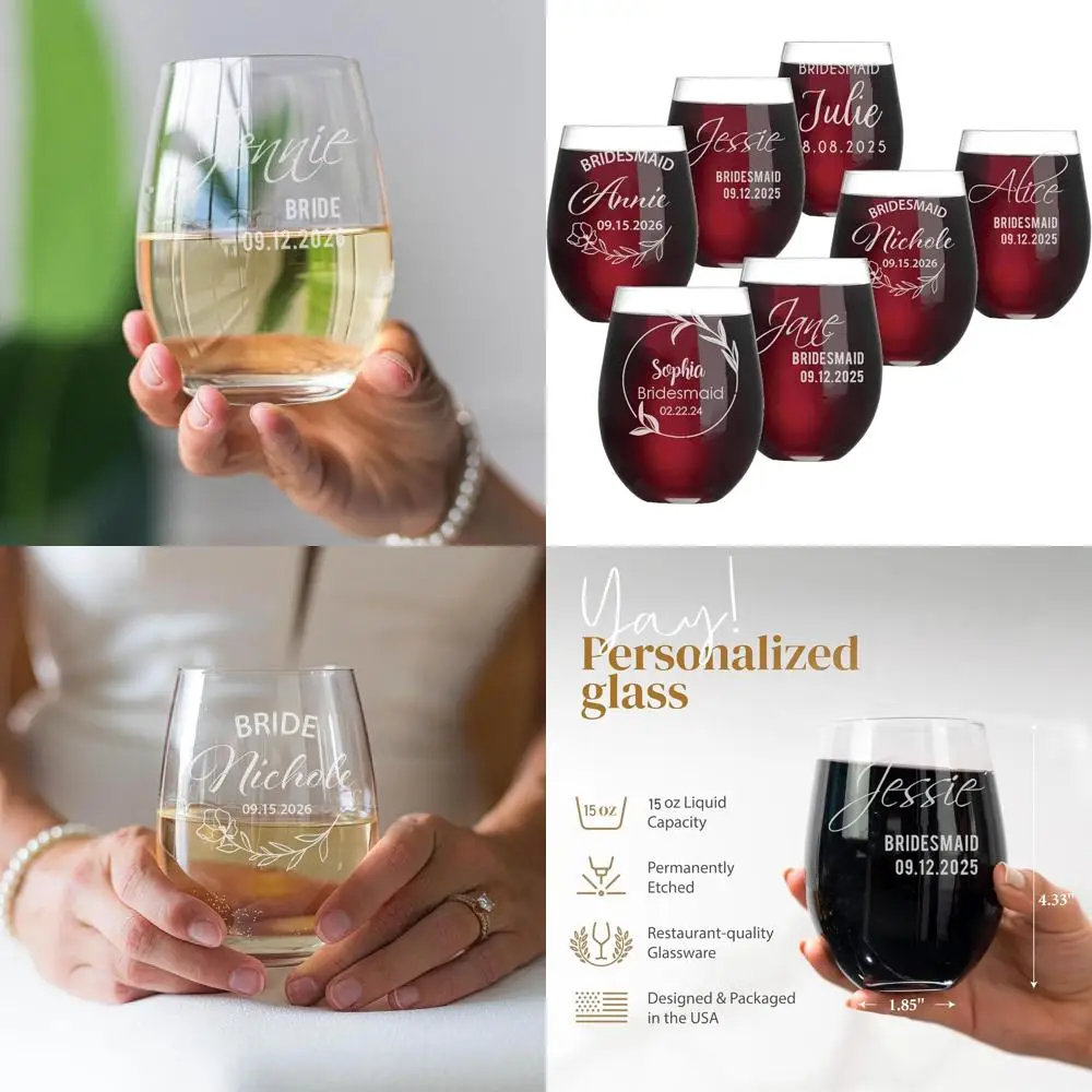 

Engraved Stemless Wine Glasses Set - 15oz Personalized Bridesmaid Gifts for Wedding Party (7-Pack)