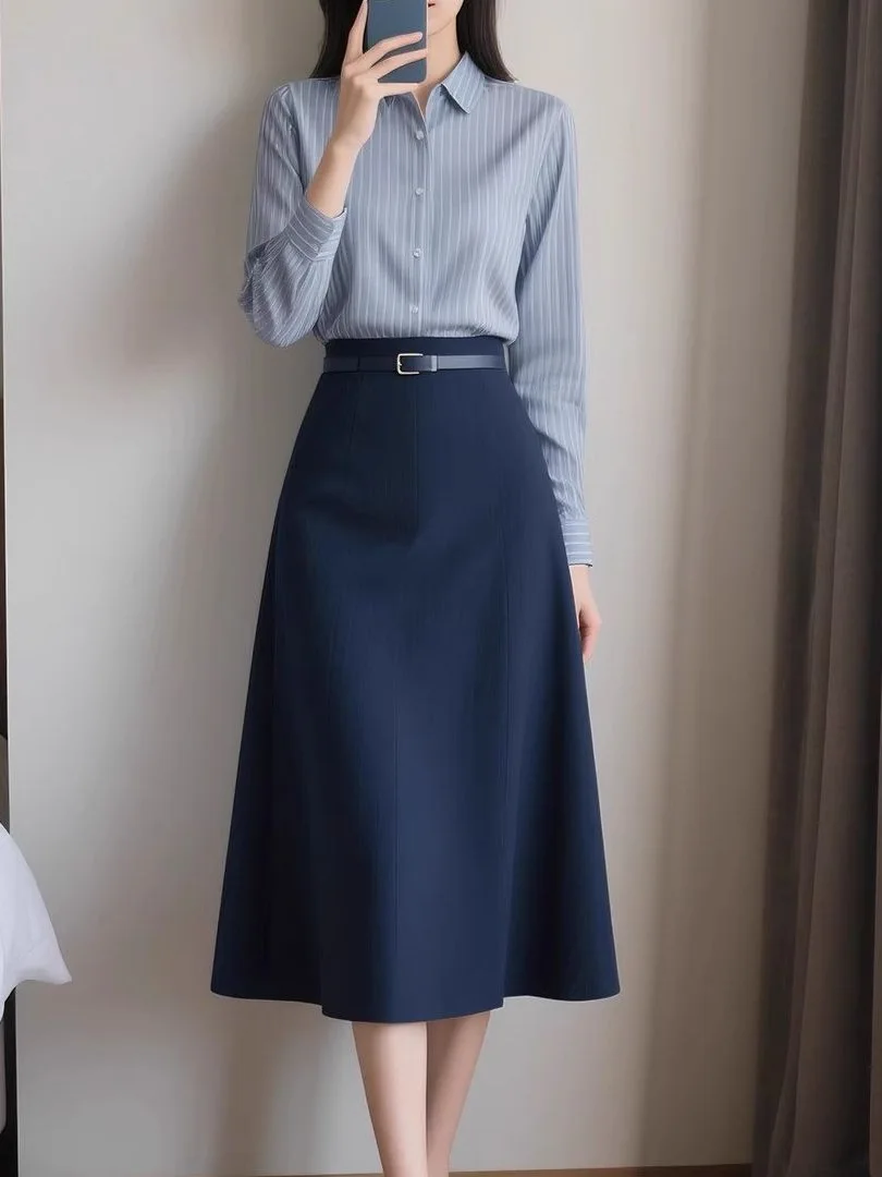 

Женская темно-синяя юбка-миди А-силуэта с высокой талией, расклешенная, с поясом, элегантная, шикарная, для офиса, деловая, для работы