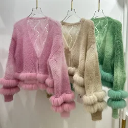 Women Short Fur Trim Cardigan Sweater Long Sleeve Wave Design Autumn Cardigans With Real Fur Stripe Female Fall Outwear