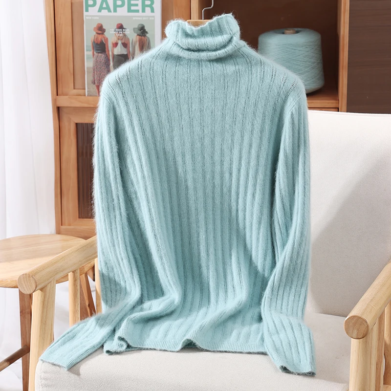 Women's 100%Mink Cashmere Turtleneck Pullover Sweater Vertical Openwork Rib Knit Supple Smooth Quiet Luxury Long Sleeve Knit Top