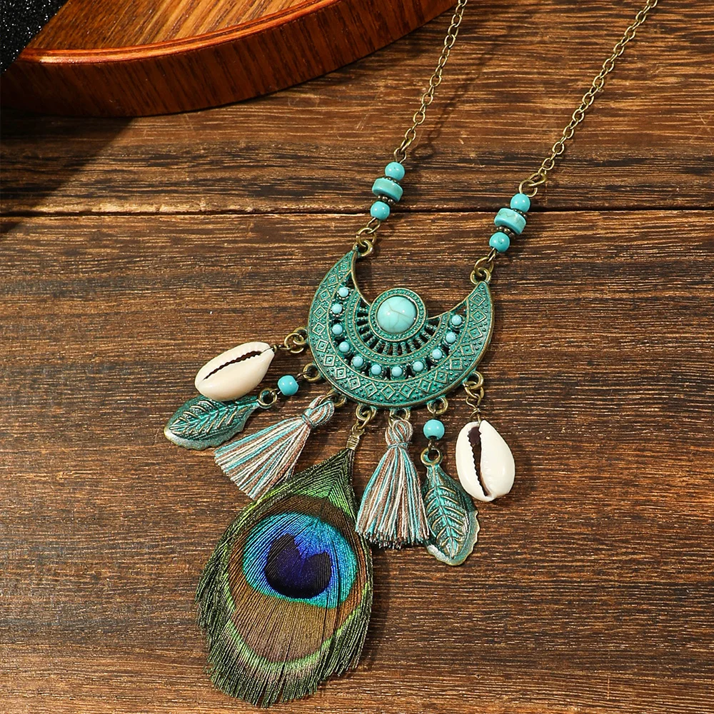 Boho Necklace Vintage Artificial Peacock Feathers Design Statement Tassel Shell Pendant Necklace Sweater Chain Daily Wear Party