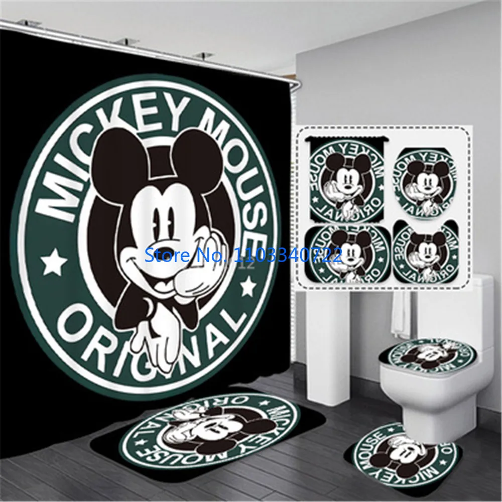 

Mickey Minnie Mouse Print Shower Curtain Set 4pcs with Hooks Cartoon Decor Waterproof Bathroom Toilet Mat Lid