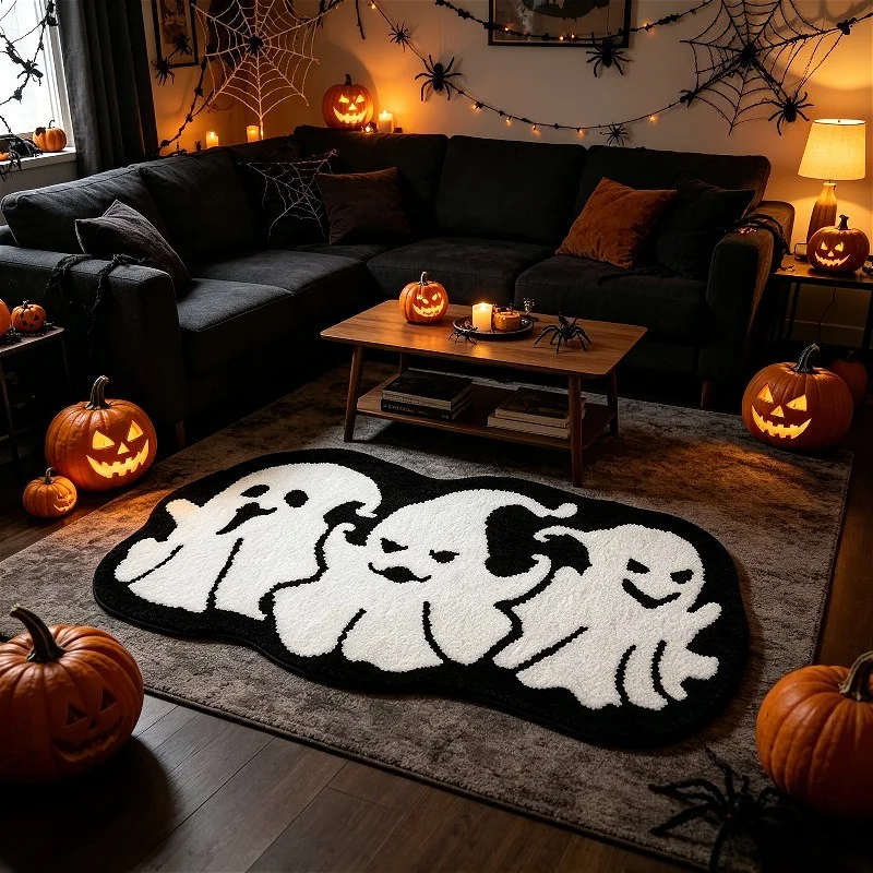 VIKAMA Halloween Three Ghosts Irregular Runner Rug Soft Fluffy Non‑Slip Floor Mat Living Room Bedroom Holiday Home Decor