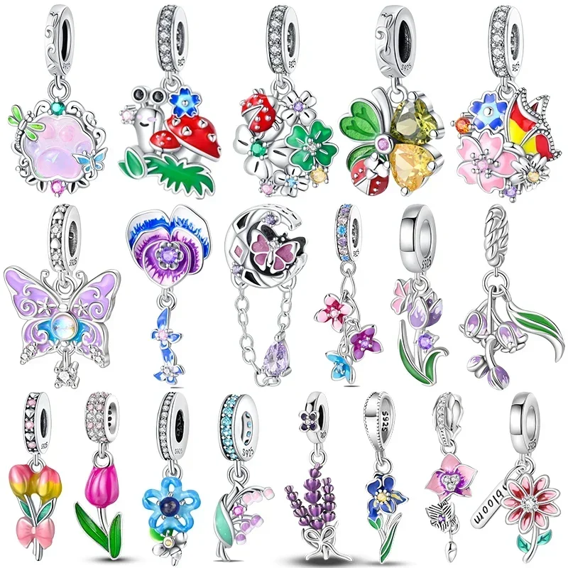 925 Sterling Silver Flowers Butterfly Creative Garden Mushroom Snail Charms Beads Fit  Original Bracelets DIY Jewelry