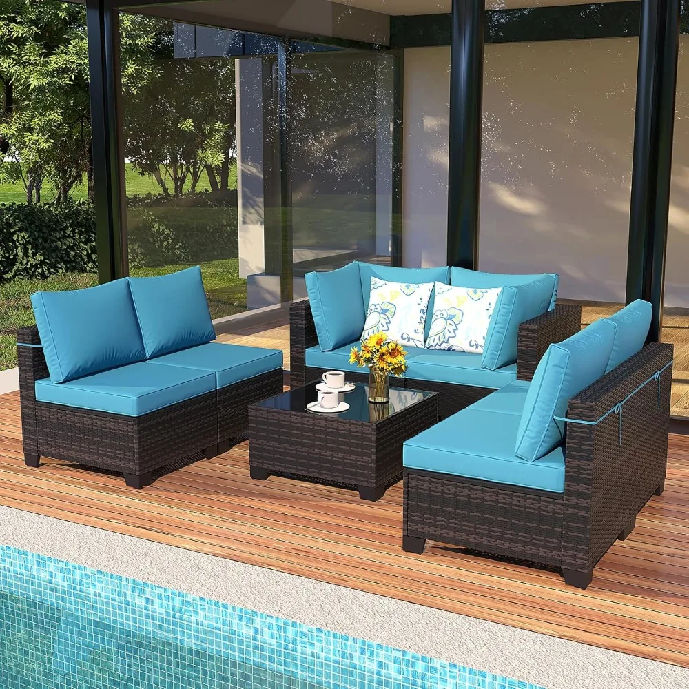 Divano componibile in rattan per conversazioni all'aperto, set di mobili da giardino, con vimini e cuscini per giardino e cortile,