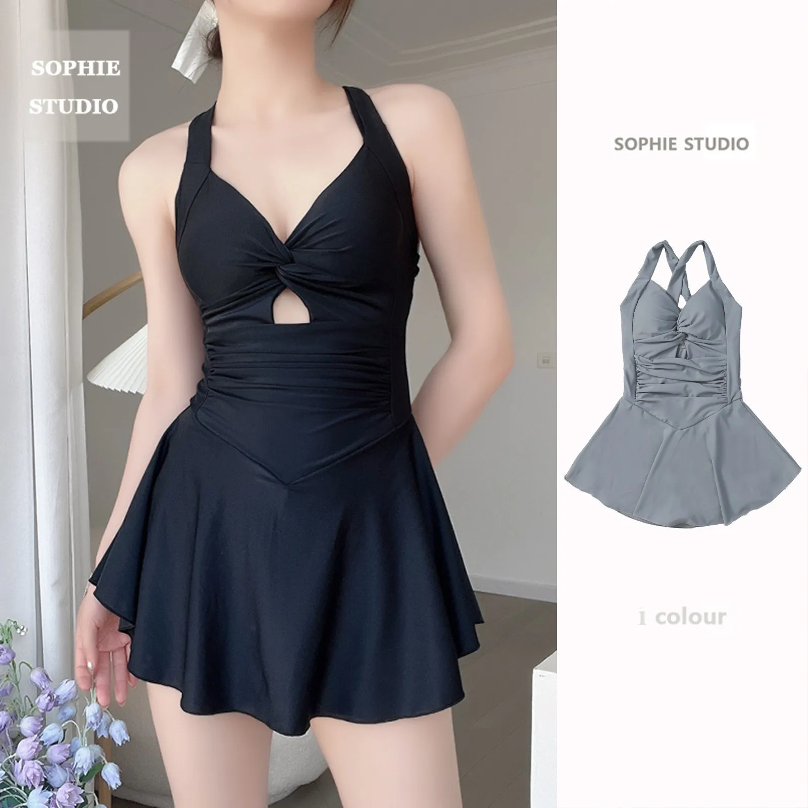 Women's Sexy One-Piece Swimsuit High Waist Bikini with Triangle Bra Solid Color Print Tankini for Adults' Bathing Summer