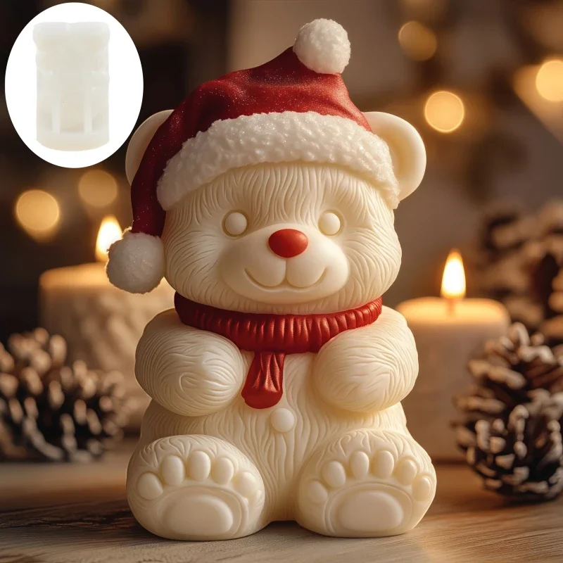 Bear Wear Christmas Hat Smile Scarf Bear Candle Silicone Mold Cute Christmas Hat Dog Resin Mold Christmas Hat Bears Gypsum Molds