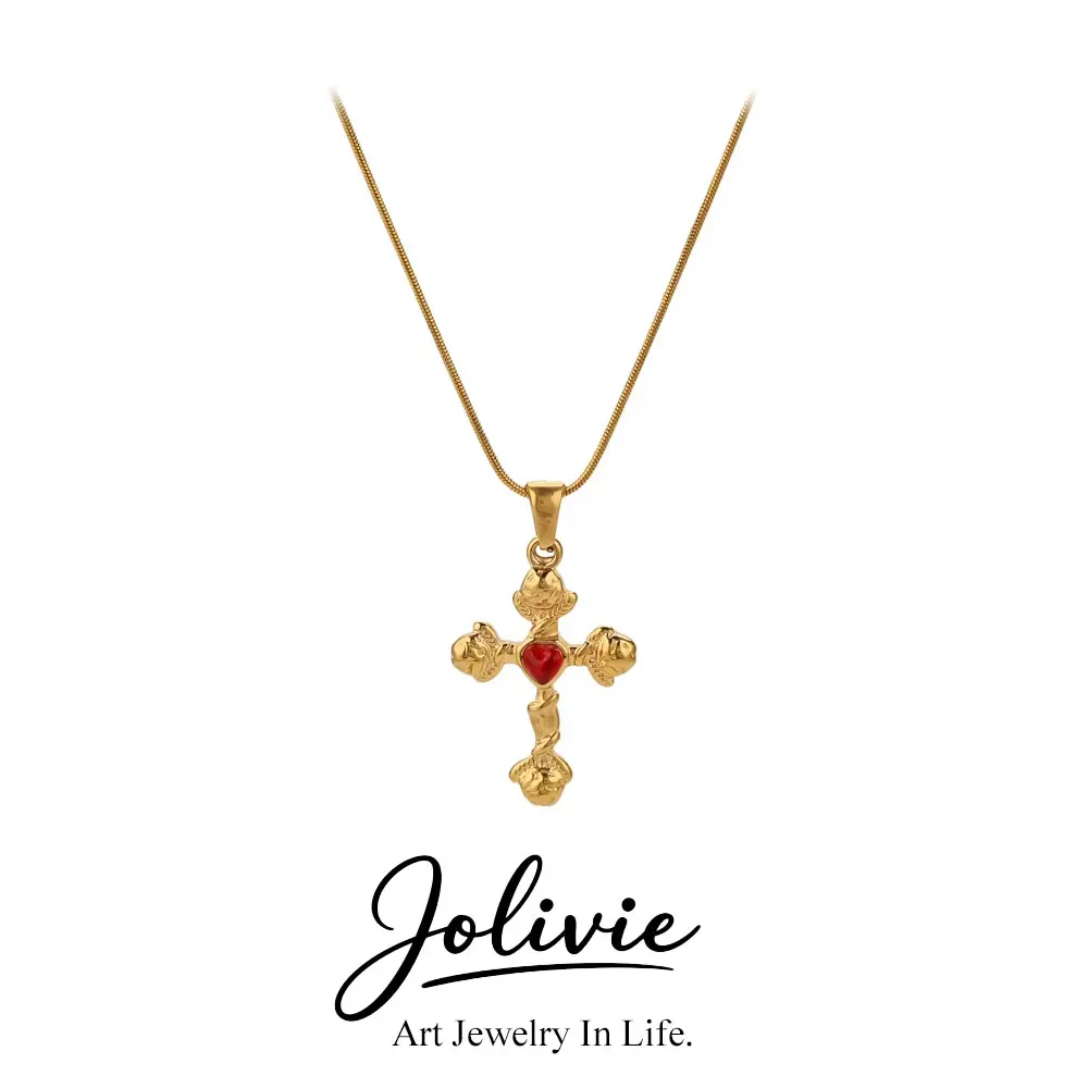 Jolivie Trendy Stainless Steel Rose Flower Cross Pendant Necklace Women's Simple Y2K Style Necklaces Holiday Party Jewelry Gifts
