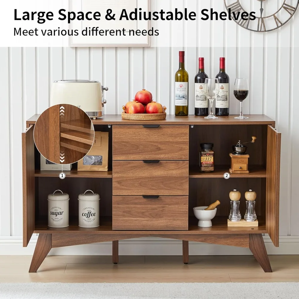 Gabinete buffet con almacenamiento, gabinete de almacenamiento 47,2 con 3 cajones, aparador grande con 2 puertas, cabina de cafetería moderna de mediados de siglo