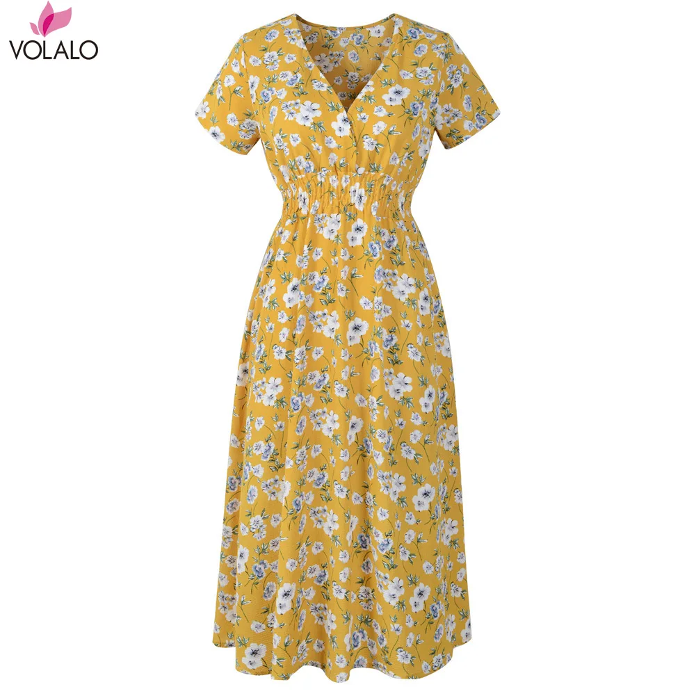 

VOLALO 2024 Spring And Summer New Women Chiffon Beach Dress Printed V - Neck Short Sleeve Dress Bohemian Mini Floral Print Dress