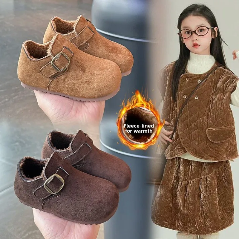 2026 Children Shoes Autumn Winter Kids Warm Fur Shoes Boys Loafers With Velvet Buckle Strap Girls Flat Shoes For Toddler