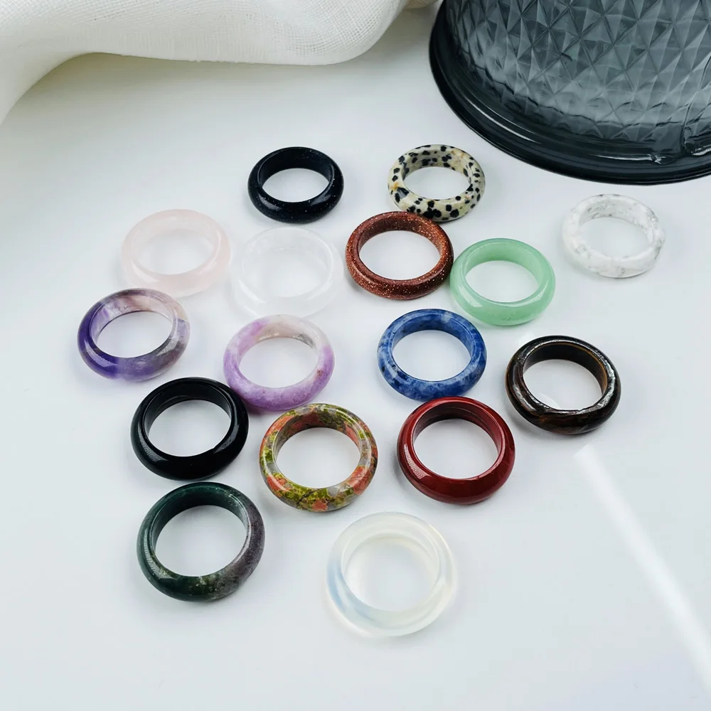 Multicolor Natural Gem Stone Rings for Women Men Round Circle Opal Obsdiian Pink Purple Crystal Stone Finger Rings Party Gift view 4