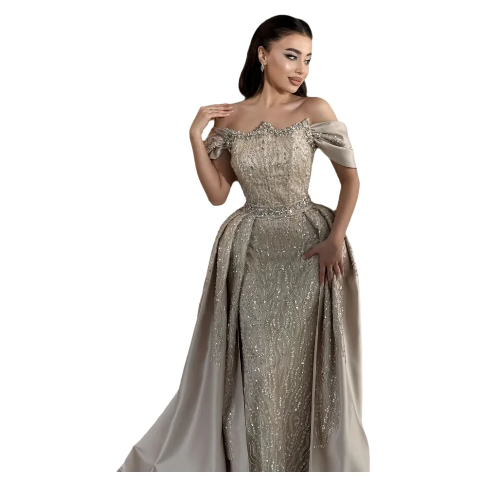 Maßgeschneiderte Champagner-Abendkleider Saudi-Arabien Kristall-Hochzeitskleid mit Abnehmbarer Schleppe Formelles Damen-Abendkleid