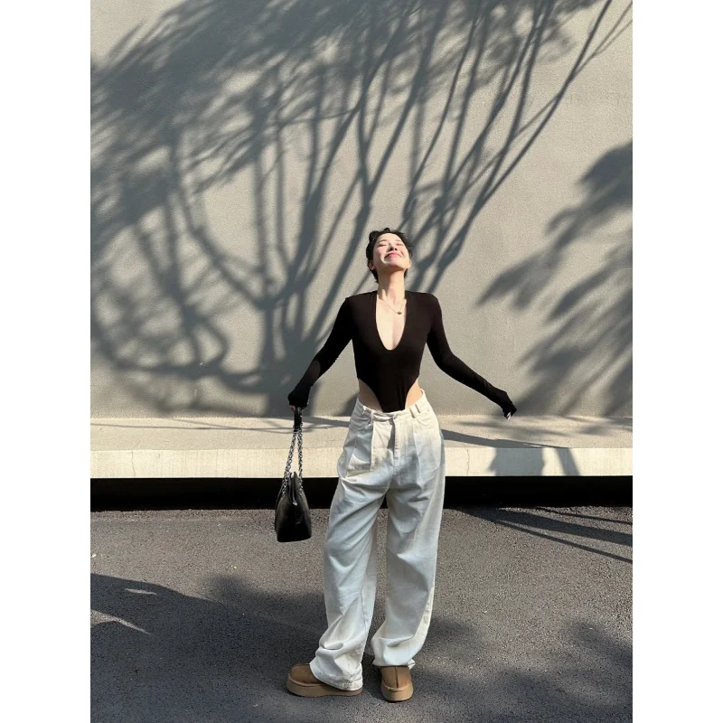 

Pure Desire Long Sve High Split Sexy One-Piece Suit T-irt Women's Basic Sle Underwear Top High Waist ort Pants