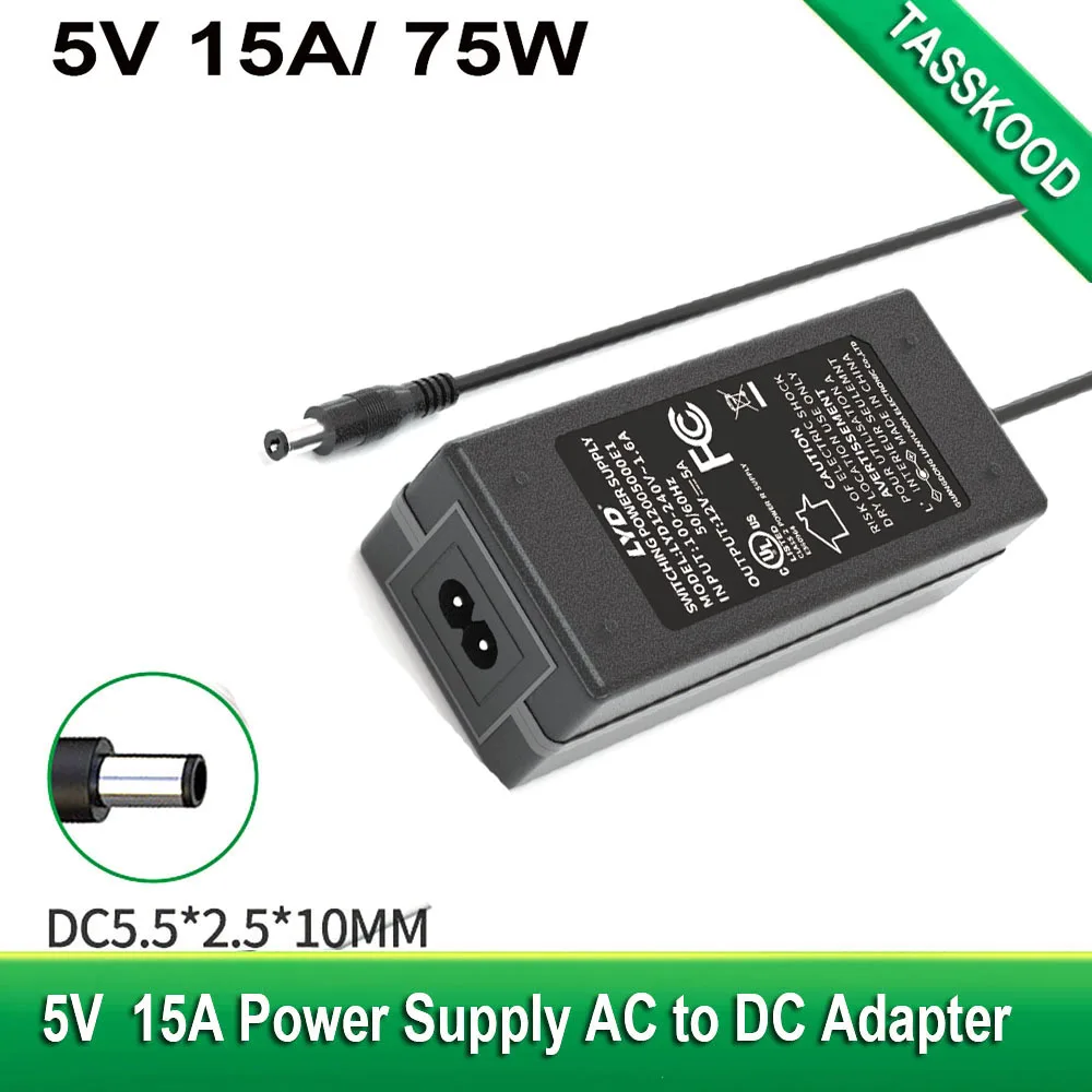 

5V 15A Power Supply 110V-220V AC to DC Adapter 5V 15 amp 75W Switching Converter Charger for WS2812B WS2813 2801 LED Strip Light