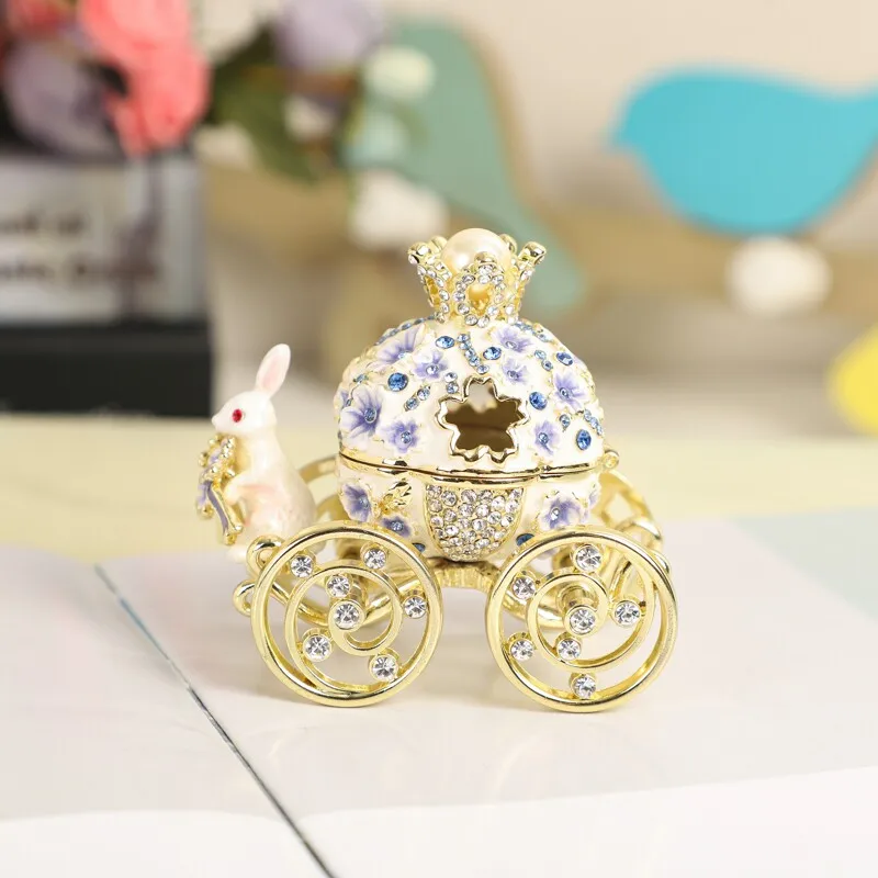Enamel Rabbit Carriage Jewelry Box Pink Wedding Ring Storage Case