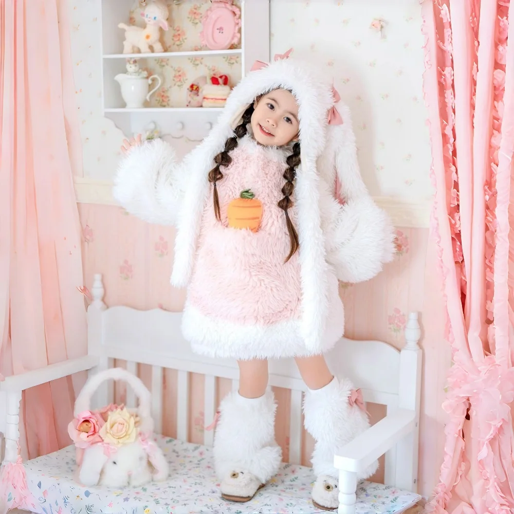 

Cartoon Winter Girl Fluffy Sweater Suit Fleece-Lined Cute Rabbit Clothes Keep Warm Sweater Shorts Two-Piece Set Birthday Gift