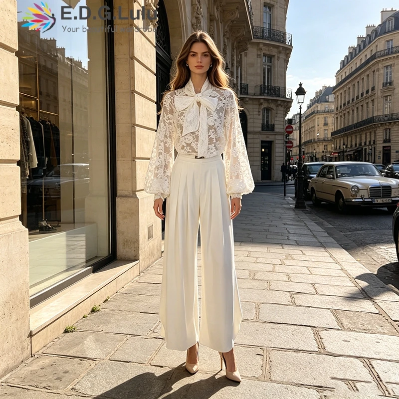 EDGLuLu 2 Pieces Set For Woman V-Neck Lace-Up Bow Embroidered Lace Top+High-Waisted Straight Leg Pants White Suit 0704