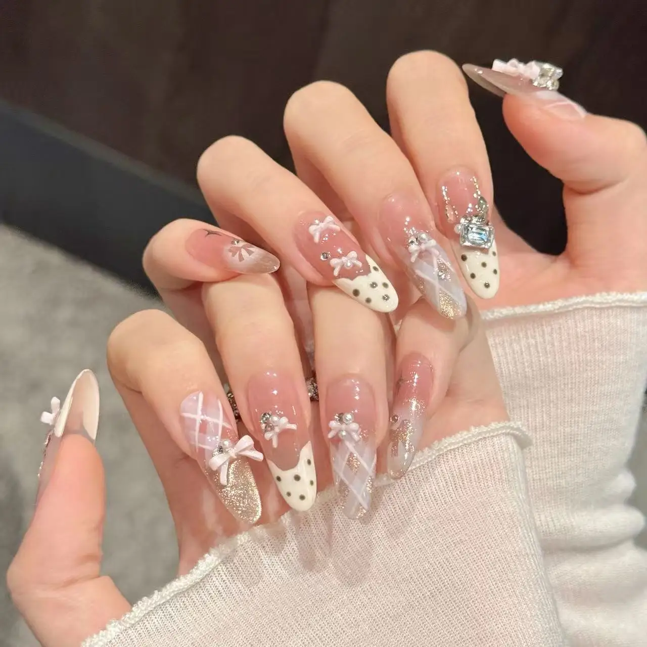 10pcs Sweet Japenese Style Press On Nails White French Style Wave Point Bow Handmade Fake Nail Blush Pink Plaid Ballet Fake Nail