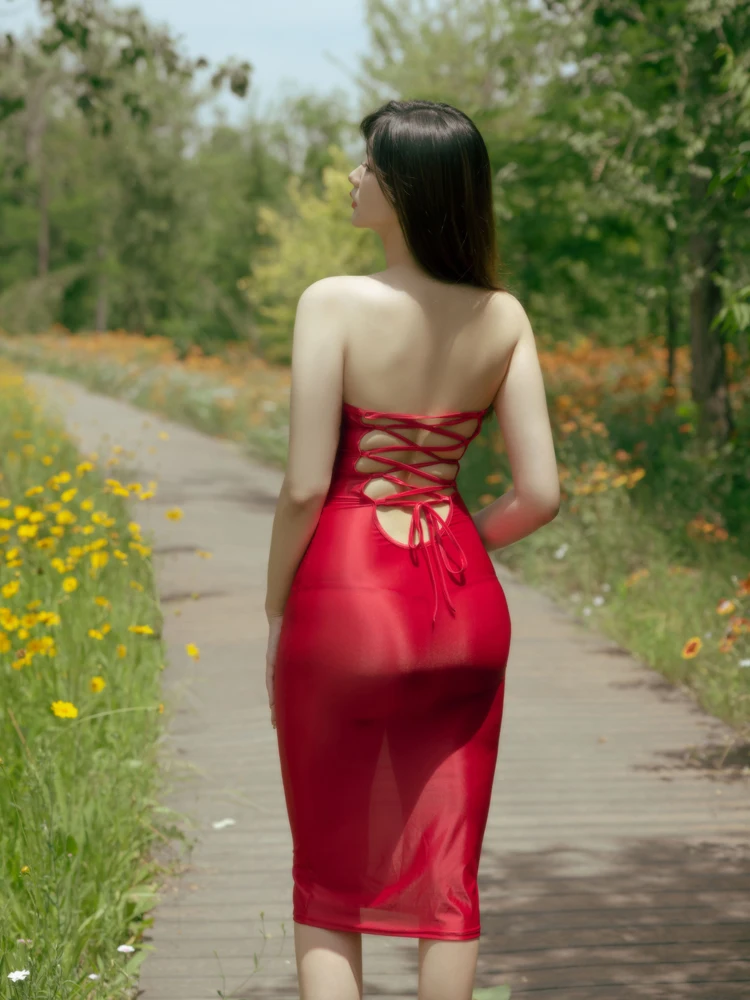 Strapless Tight Dress for Women Sexy Bandage Hollow out Backless One Step Wrap Dress Fashion Sheer See Through Night Club Dress