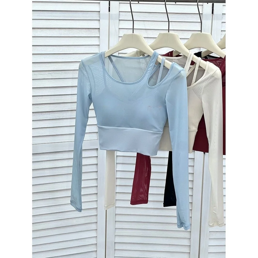Women's Long Sleeve T-Shirt Fitness Sporty Style Mesh Splice Hollow out Design Sexy Fake Two-Piece Single Shoulder Short Top