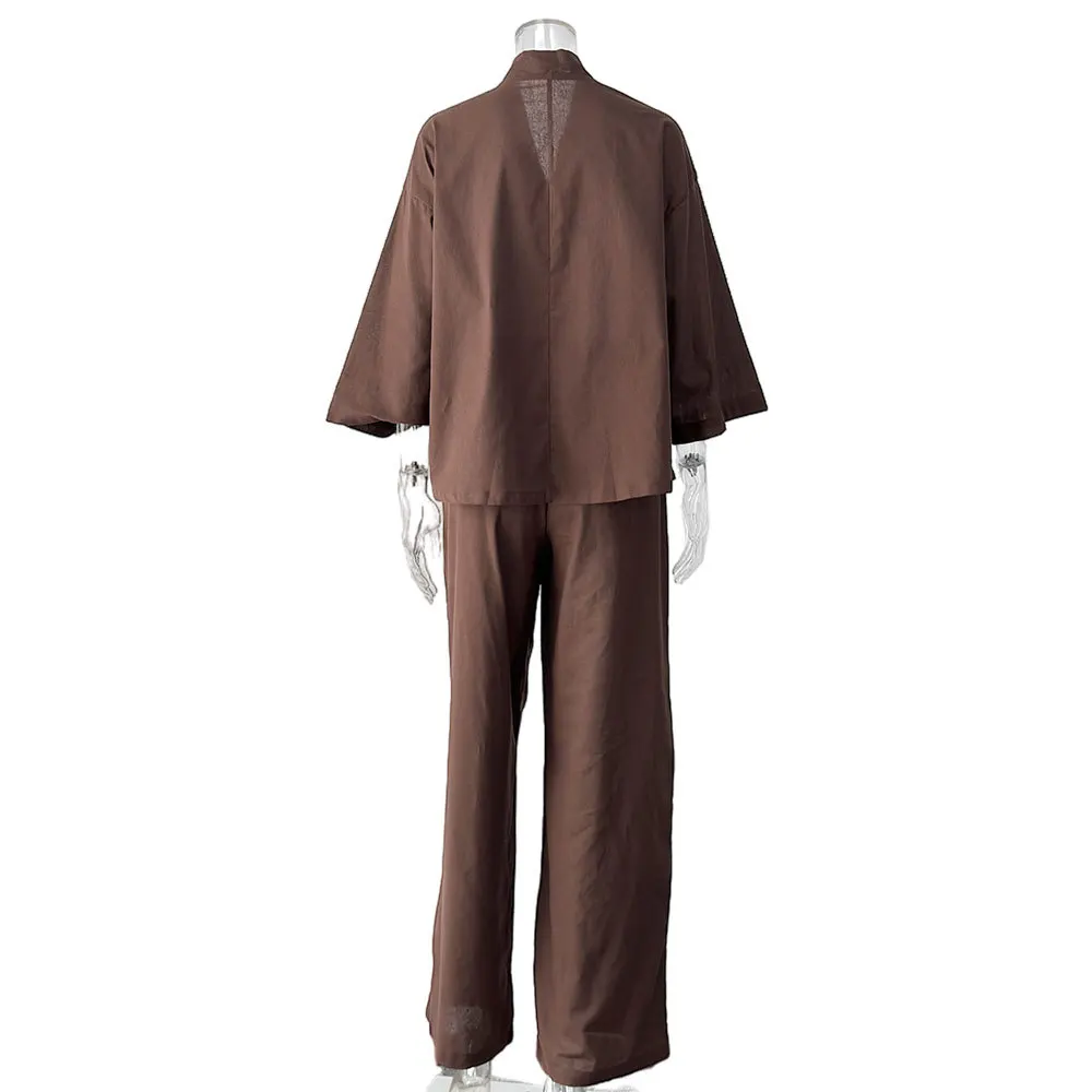 2 pieces women sets 2026 new Spring/Summer casual pure cotton lace-up top+wide-leg pants Europe America suits women's clothing