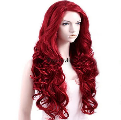 Long curly hair burgundy simulation wig full headgear