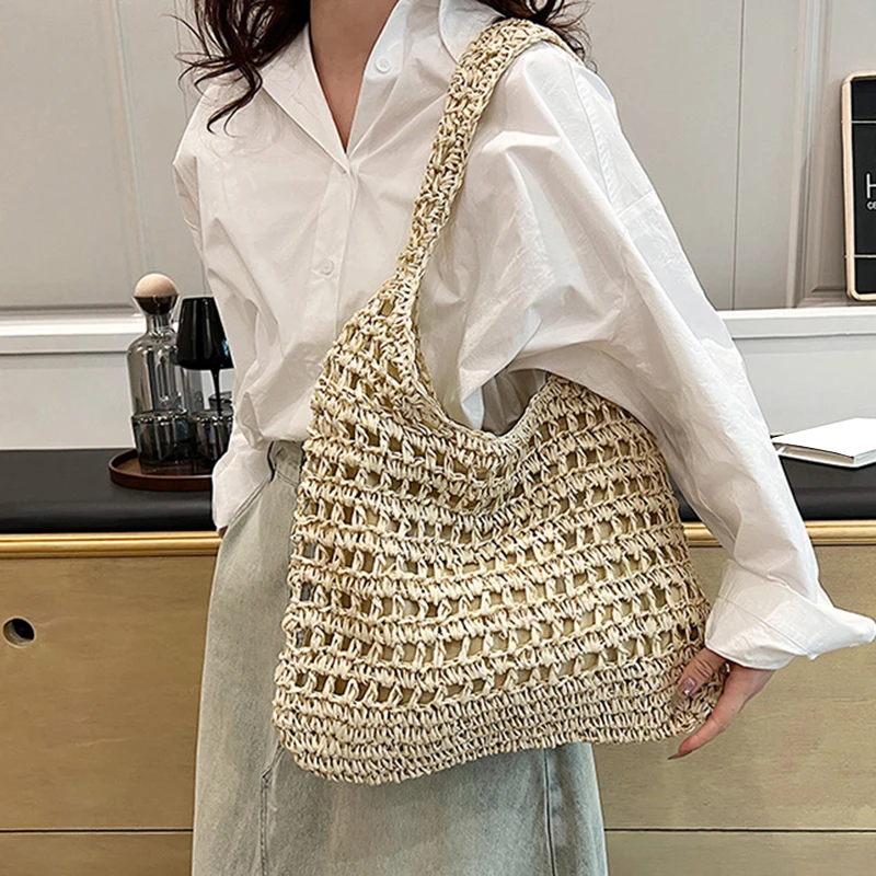 Rattan Crochet Shoulder Bag Summer Women Beach Tote Handbags Vintage Straw Woven Bag