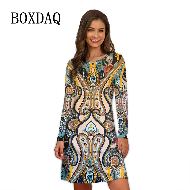 Bohemian Pattern Vintage Dresses For Women 2023 Oversized Clothes Autumn Winter Long Sleeve Floral Print Dress Casual Mini Dress