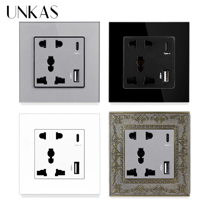 UNKAS Type C USB Socket Port Fast Charger Adapter For Mobile Phone Glass Plastic Panel 16A EU Plug 5V 2100mA AC 110V-250V Outlet