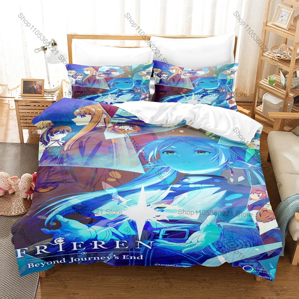 Frieren Beyond Journey’s End Silver Elf Mage Mountain Sunset Magic Scenery HD Print Bedding Set Duvet Cover 2 Pillowcases Anime