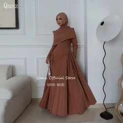 Qanz Eid Muslim Evening Dresses Women Long Sleeves Pleat Islam Vestidos Arab Long Robe Ramadan Morocco Dubai Abayas Customized
