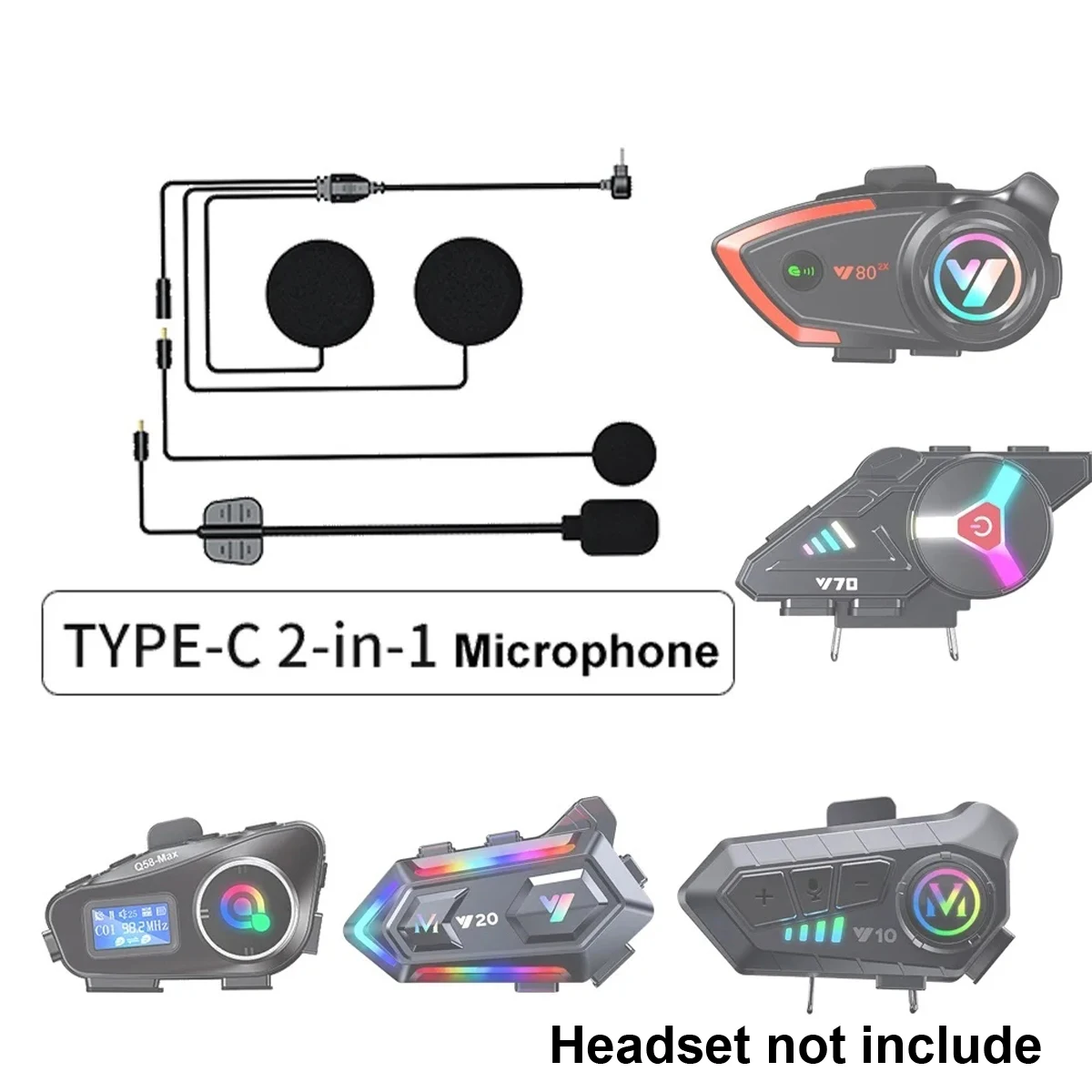 Type-c 2 in 1 Helmet Headset Microphone Fit For Q58-Max Y10 Y20 Y80 Y70 Y06 Q08 Y60 Q28 Q18 Y202X Intercom Headphone Accessories