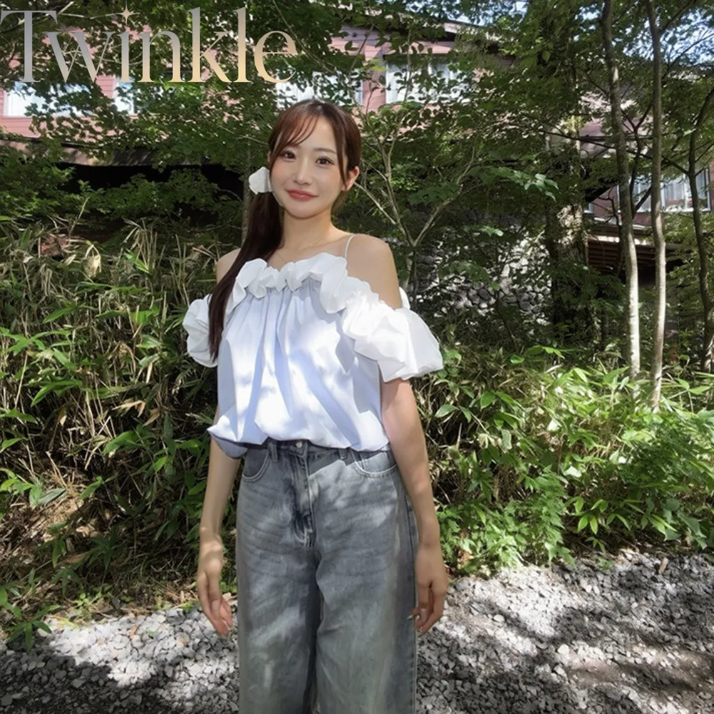 Japanese Style Cute T Shirt for Women Color Block Big Ruffle Off Shoulder Top Puff Balloon Hem Cami Blouse Doll Shirt Female