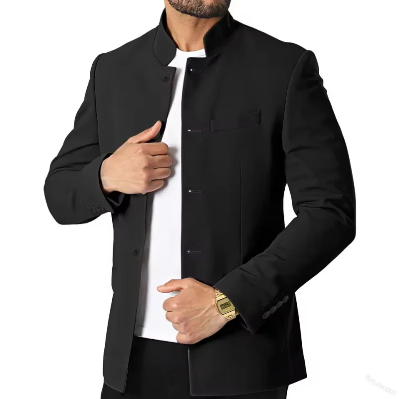 

Формальный китайский мужской пиджак, деловая форма, топ с воротником-стойкой, приталенный свадебный костюм, мужская куртка