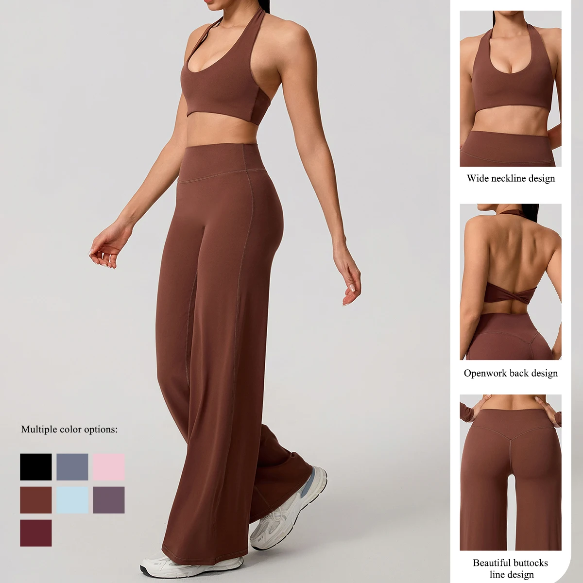 Hearuisavy Summer Yoga Set 2Pcs Women Breathable Backless Halter-Neck Sports Bra Push Up Pilates Fitness Top Straight Leg Pants