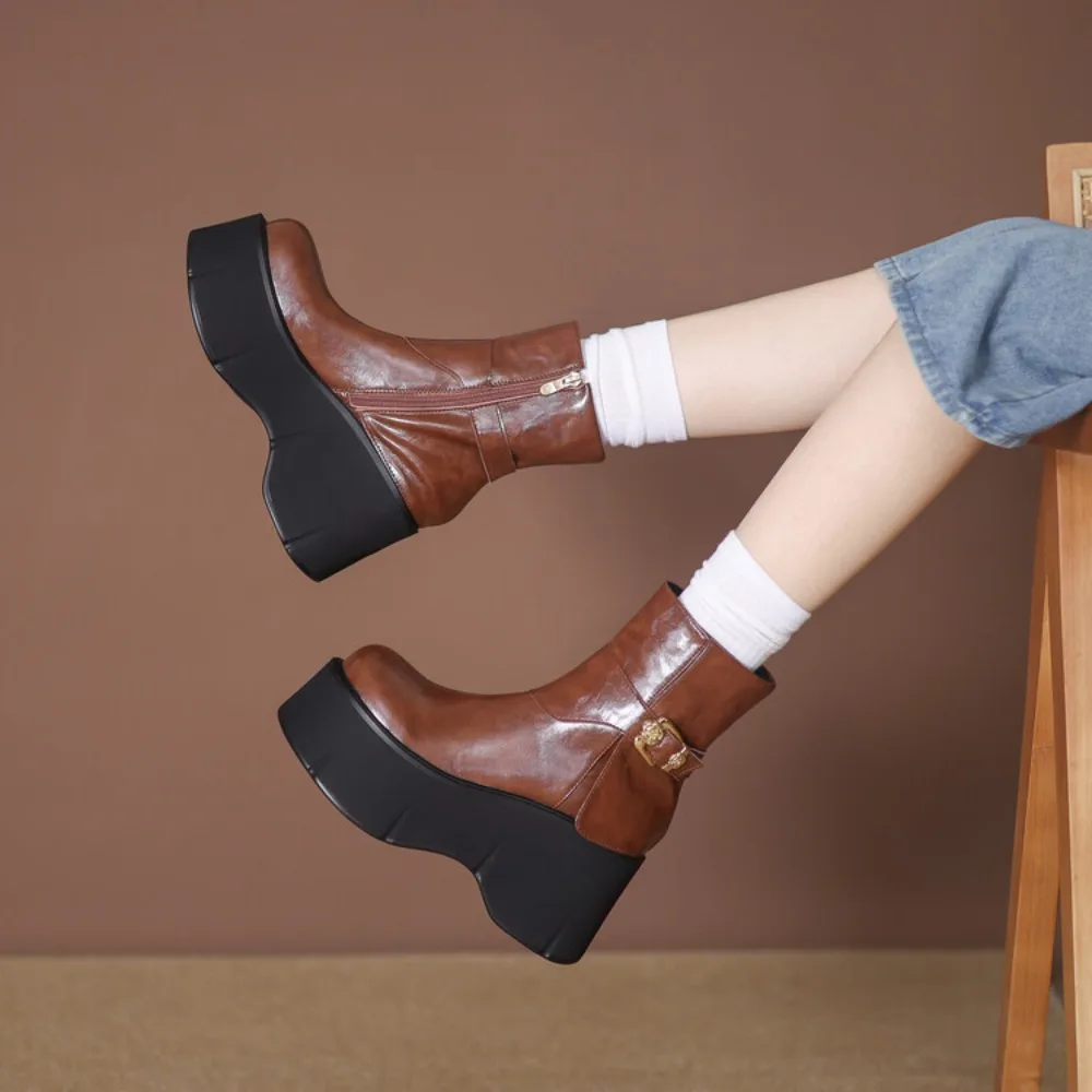 Nuevo estilo gótico, botines sexis elegantes con plataforma gruesa para mujer, Tacón de Cuña, zapatos cómodos marrones para caminar para mujer, zapatos de plataforma