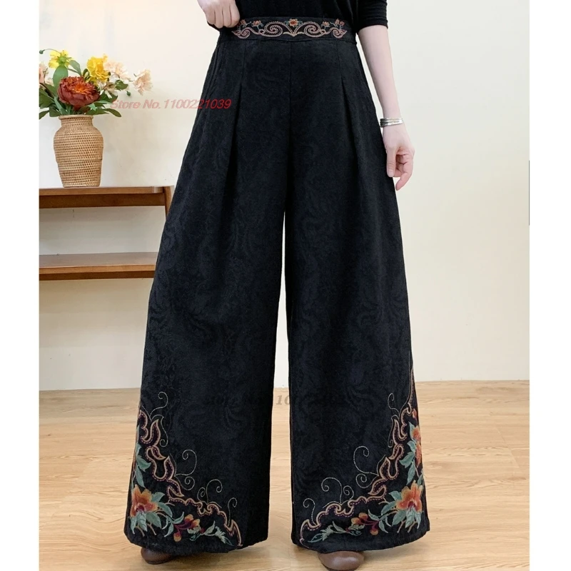 

2025 chinese vintage pants traditional flower embroidered folk pants retro elastic waist trousers cotton linen jacquard pants