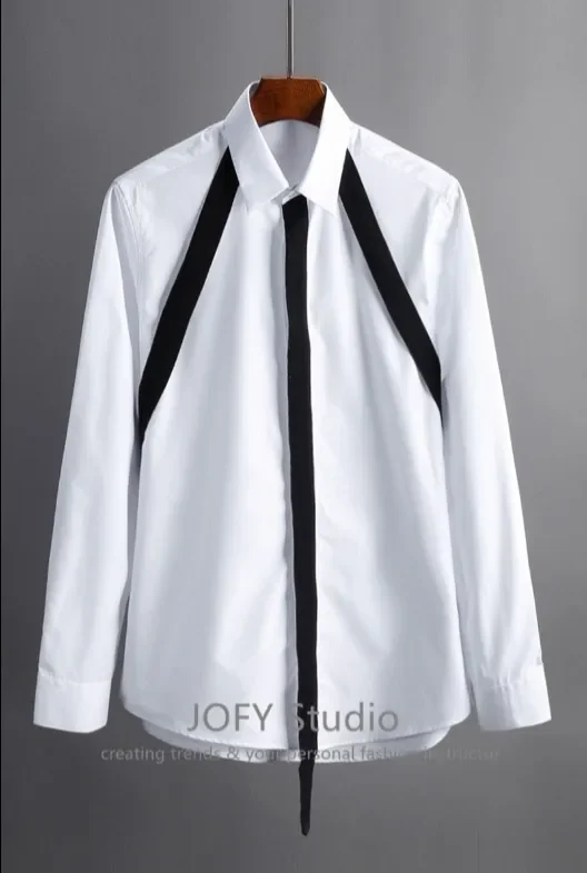 

S-6XL 2024 New Men Women's Clothing Hair Stylist Catwalk Cutting Splicing of Placket Ribbon Shirt Lovers Plus Size Costumes