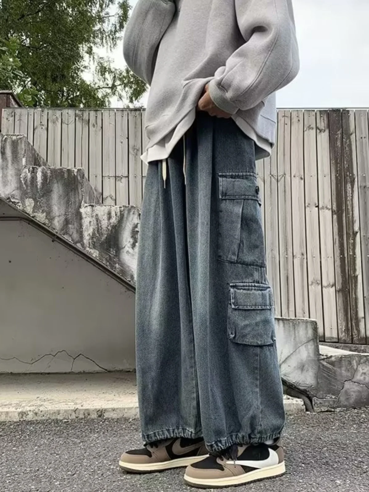 

Мужские джинсы оверсайз прямого кроя в стиле ретро, американский уличный стиль, рабочая одежда, широкие брюки-фонарики с множеством карманов