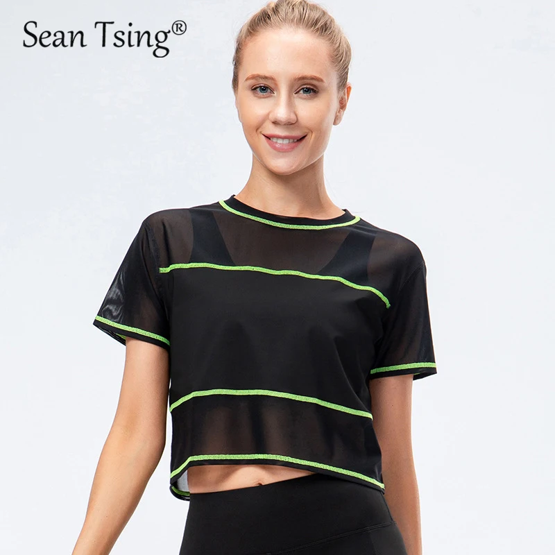 

Sean Tsing® Women Sport T-shirts Short Sleeve O-neck Mesh Breathable Quick-dry Pullovers Workout Running Yoga Fitness Tee Tops