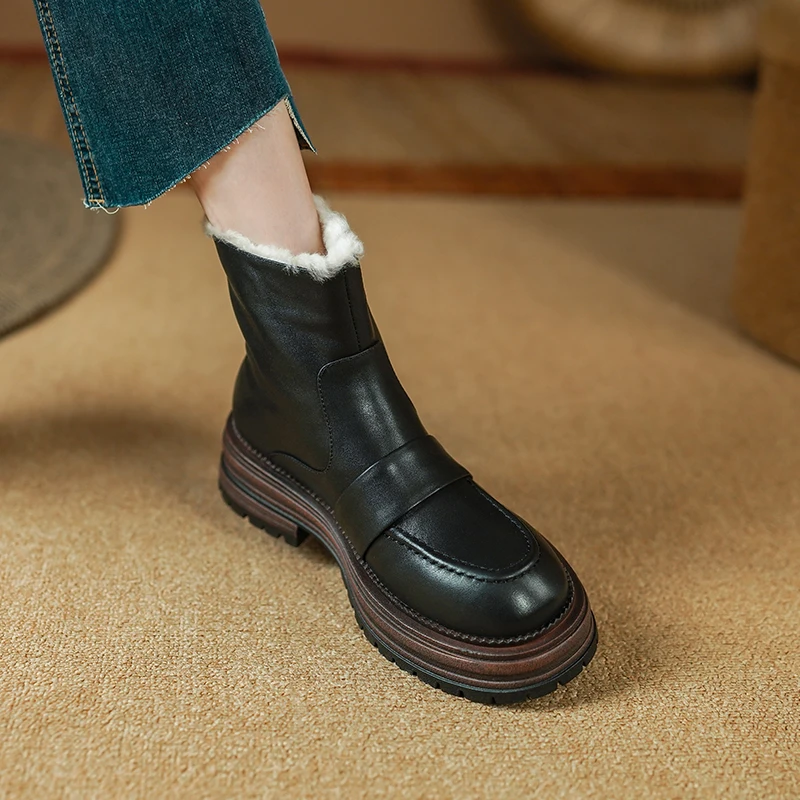 Platform Boots Back Zip Warm Fur Winter Shoes Thick Heel Round Toe Women Short Boots Ladies Retro Shoes Cowhide  Winter Boots