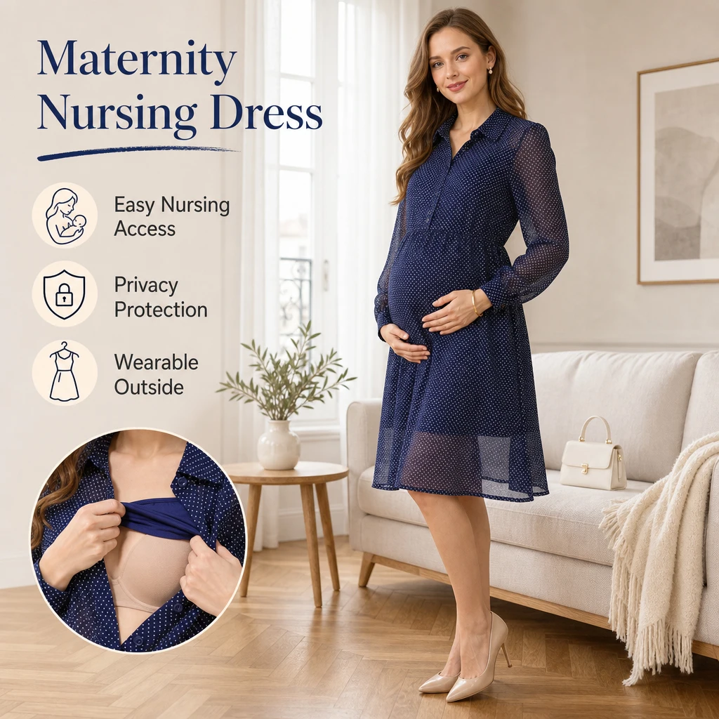 Women Maternity Nursing Dress Chiffon Polka Dot Long Sleeve Shirt Dress Elastic Waist Breastfeeding Pregnancy Dress
