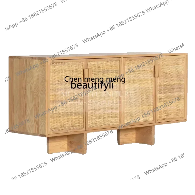 New style NN American solid wood dining side cabinet natural rattan multi-functional tea cabinet living room log color door cabi