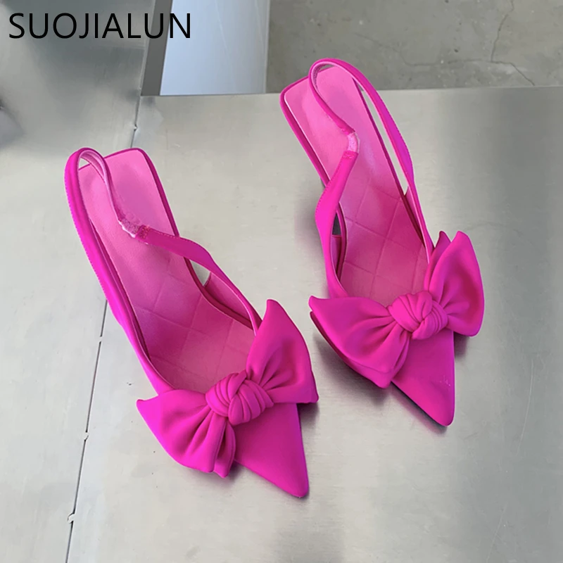 SUOJIALUN 2022 Summer New Brand Pointed Toe Slingback Shoes Thin High Heel Shallow Slip On Ladies Elegant Sandals Plus Size 41