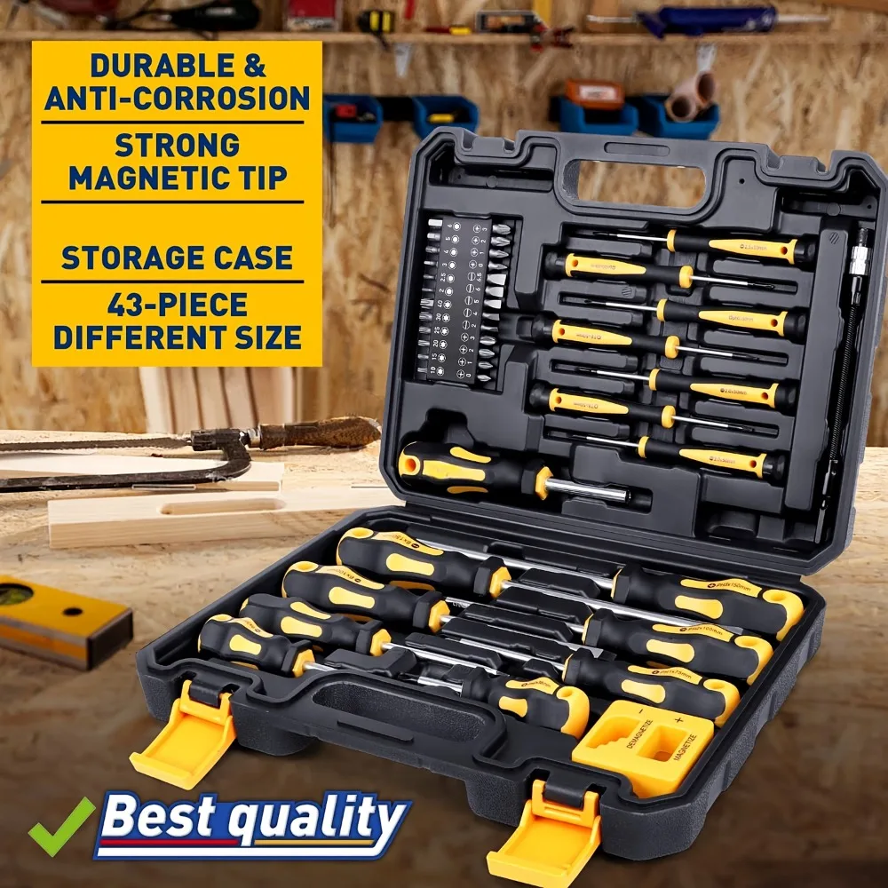 43 Piece Professional Magnetic Screwdriver Kit with Bit Holder Slotted Phillips Hex Torx Bits for DIY and Industrial Repair Work
