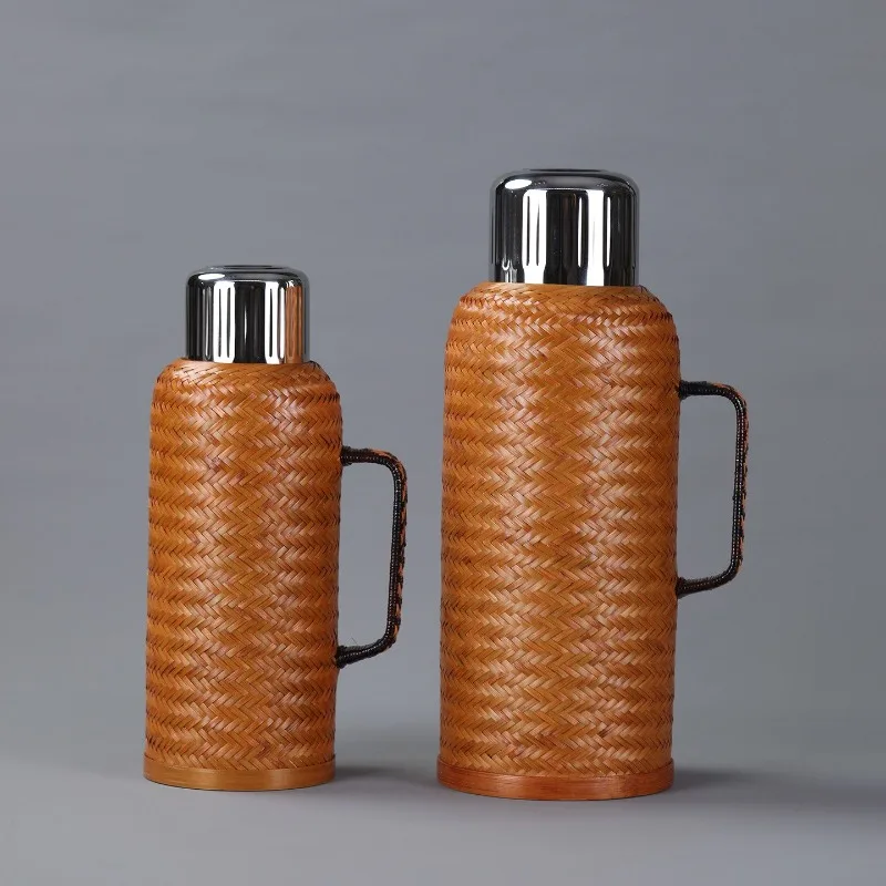 Bamboo woven thermal insulation pot 316 stainless steel mechanical temperature display retro hot water bottle woven stewed