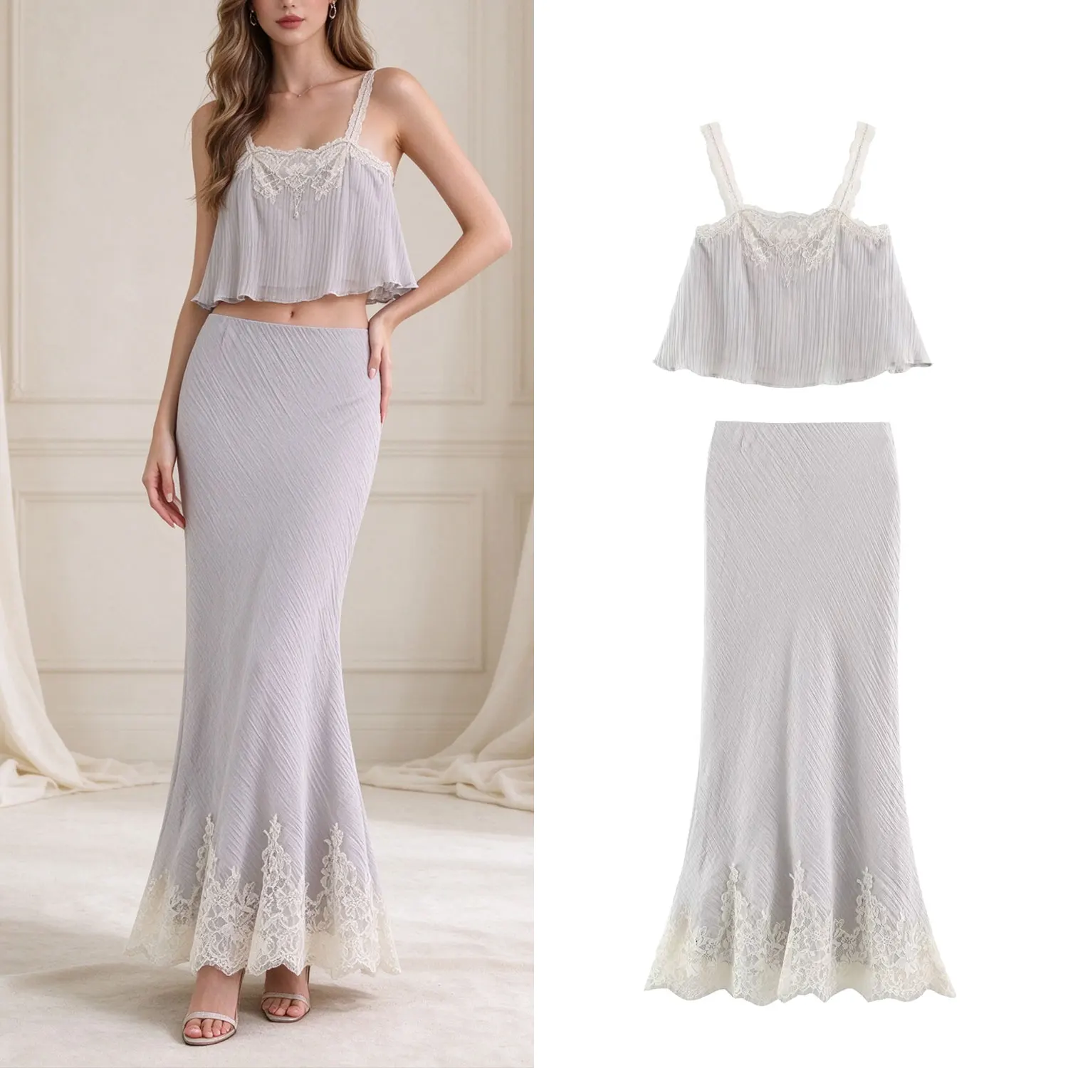 Women Spaghetti Strap Lace Trim Mermaid Maxi Dress Elegant Evening Wedding Guest Long Gown