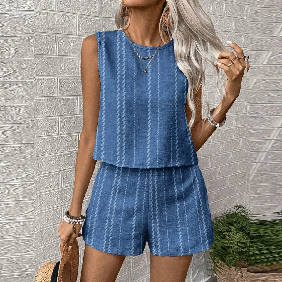 Women's Two-Piece Set 2026 Summer New European and American Women's Casual Striped Sleeveless Fashion Top Shorts 2-Piece Set