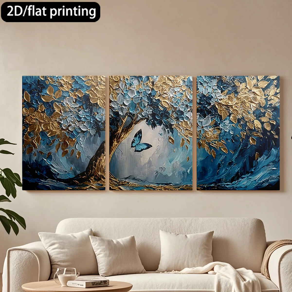 

Декоративная картина на холсте с тремя панелями: Волшебное дерево, сине-золотые листья, бабочка.